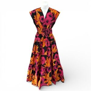 Derek Lam 10 Crosby Fatima V neck cap sleeve tiered Dress Fuchsia Multi size 6